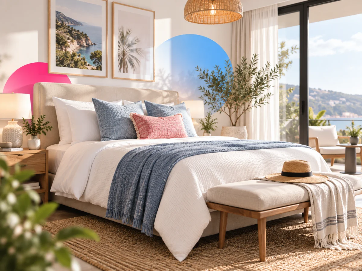 Bright bedroom with layered bedding and a sunny terrace