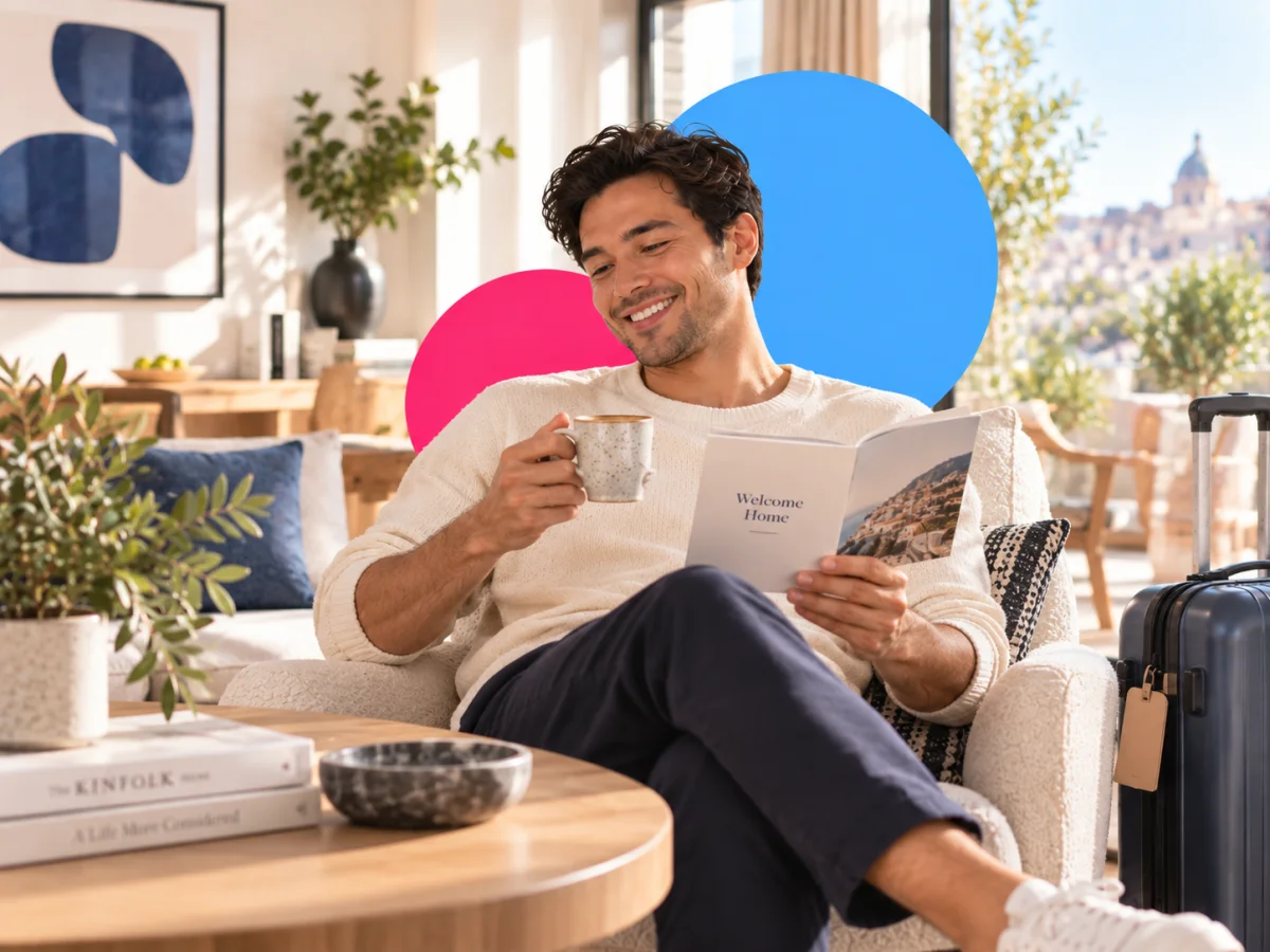 Guest relaxing with a coffee and a welcome guide