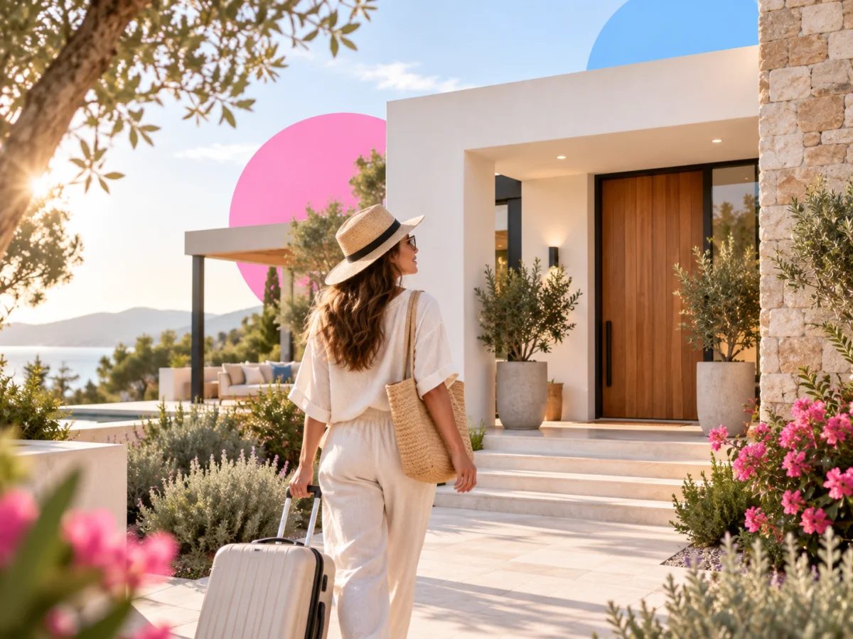 Guest arriving with luggage at a modern holiday home